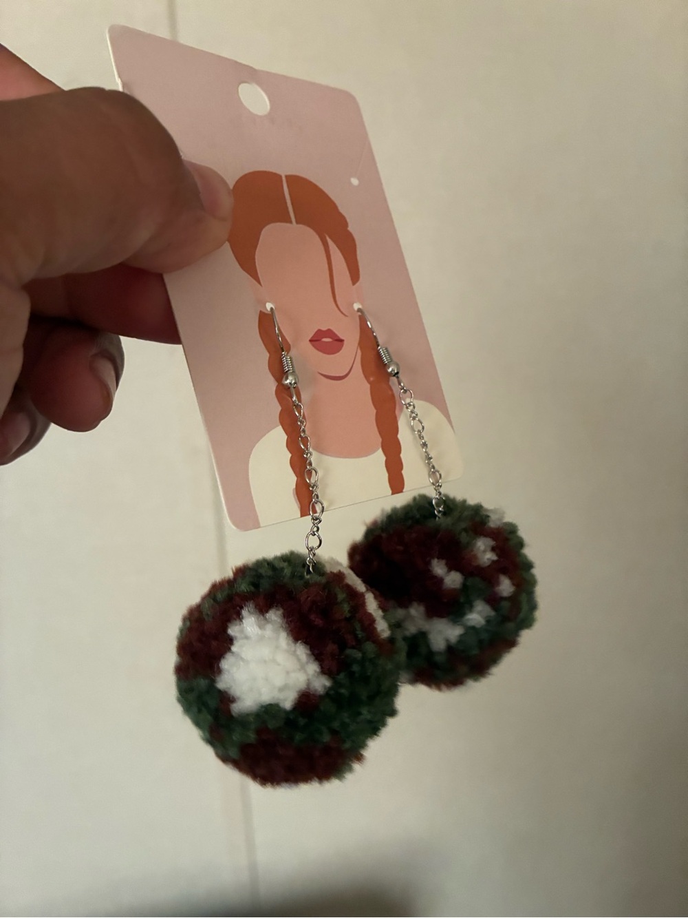 Handmade Pom Pom Dangle Earrings - Green, Brown & White